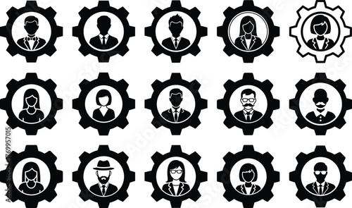 Diverse professional avatars within mechanical gears illustrating collaboration and organizational structure concepts for business