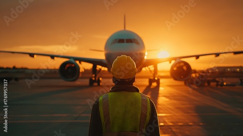 Airport Ground Crew Member Watching a Large Airplane During a Golden Sunset