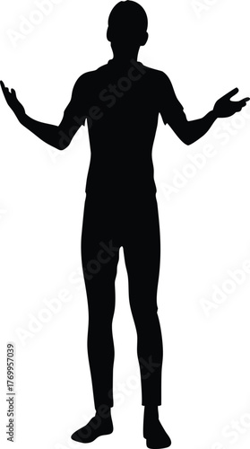 Silhouette of man with arms raised in confused shrug, question gesture, standing pose, vector illustration isolated on white