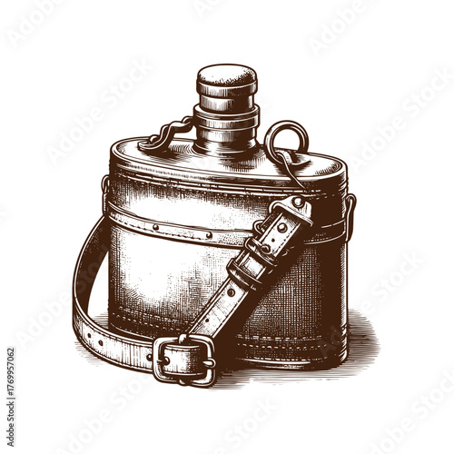 Vintage Military Style Canteen: Classic Engraved Illustration