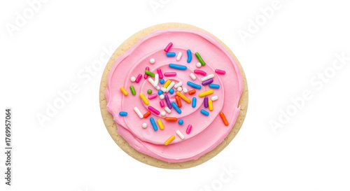 Delicious sugar cookie with pink frosting and colorful sprinkles isolated on transparent background perfect for a sweet treat or a festive celebration