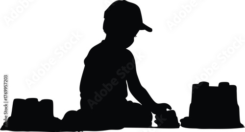 Silhouette of Child Sitting and Building Sandcastle on the Beach Vector