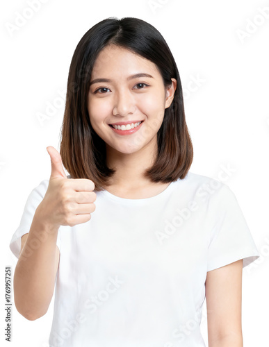 Wallpaper Mural Happy Asian Woman Giving Thumbs Up on White Background Torontodigital.ca