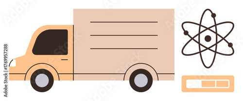 Delivery truck with horizontal lines, atomic structure, and progress bar framing themes of logistics, innovation, and energy. Ideal for logistics, science, efficiency, research technology progress