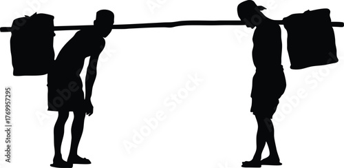 Silhouette of two workers carrying heavy loads on pole, teamwork, manual labor, and strength vector illustration
