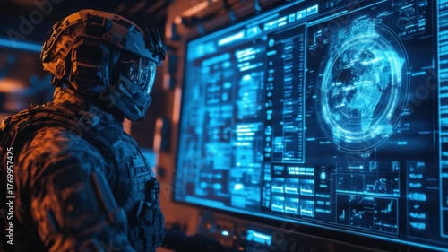 Soldier Monitoring Cyber Map: A skilled soldier diligently monitors a detailed cyber map, the glow of the screen illuminating a high-tech control room and a sense of strategic focus. 