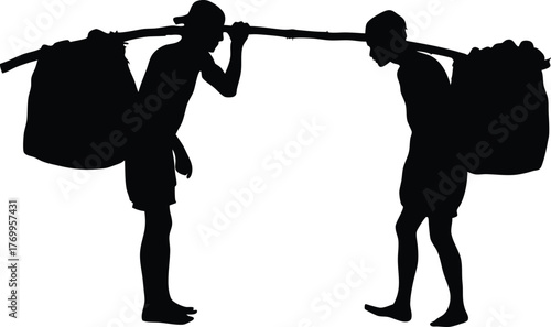 Silhouette of two workers carrying heavy loads on a pole, manual labor, teamwork, and strength vector illustration