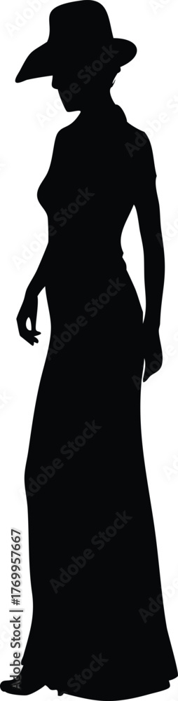 Fototapeta premium Silhouette of Woman in Long Dress and Hat, Posing Elegantly