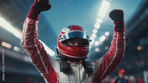 Formula Racer's Triumph: A triumphant formula racer celebrates victory with arms raised, helmet still on, bathed in the atmosphere of cheering crowd and racing glory.