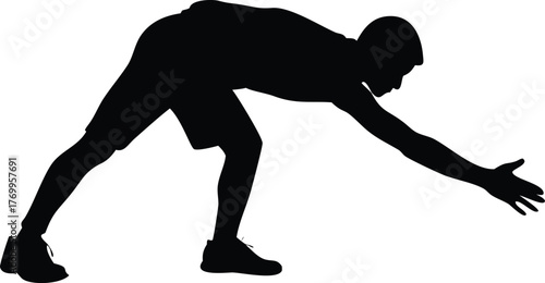 Silhouette of Man Stretching Forward in Athletic Pose, Fitness Body Posture Illustration