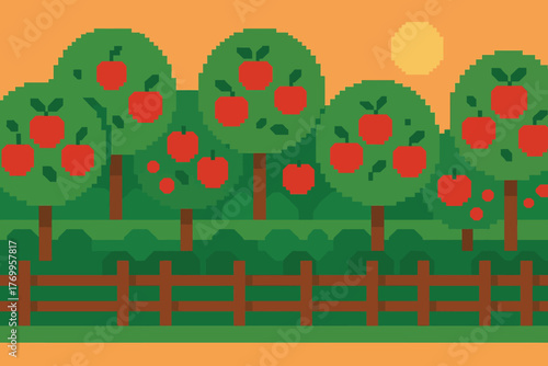 Flat pixel illustration of orchard with apple trees in geometric form and small fence rows. Solid warm colors, red and green focus, clean composition, no texture or blur.