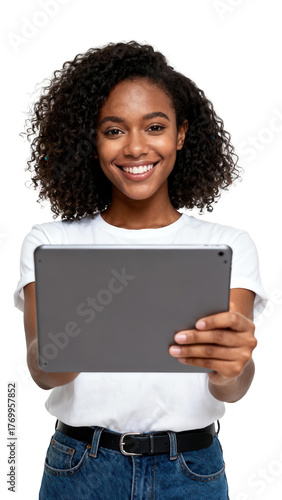 Smiling African American Woman Holding Tablet, Isolated