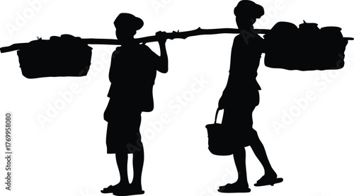 Silhouette of two people carrying baskets on a pole, teamwork, manual labor, and rural life vector illustration