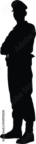 Silhouette of Soldier in Military Uniform Standing with Arms Crossed Isolated on White