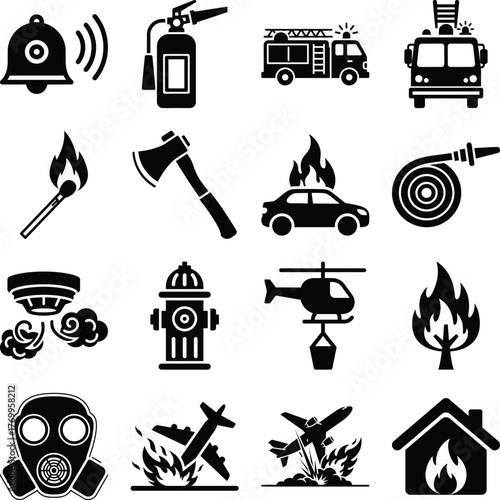 Firefighting and emergency safety icons depicting tools, vehicles, and disaster scenarios