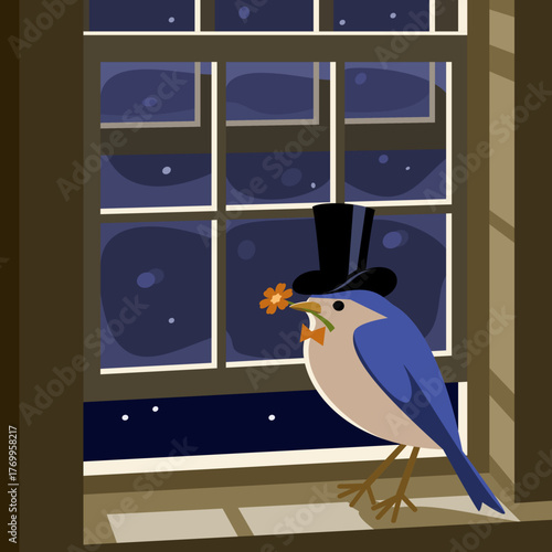 冬の夜　窓辺　鳥