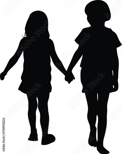 Silhouette of Two Kids Holding Hands Walking Together
