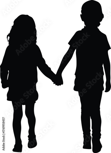 Silhouette of Two Kids Holding Hands Walking Together Back View