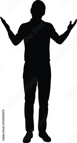 Silhouette of man with raised open hands, confused or questioning body language, expressive male gesture vector illustration on white background