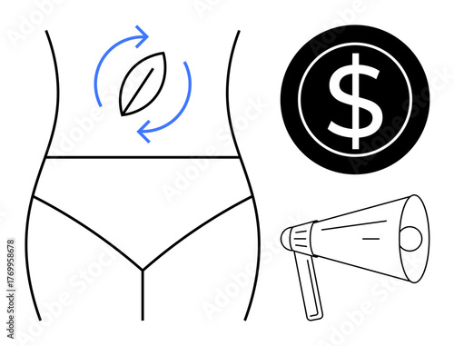 Body silhouette with recycling leaf, dollar symbol, and megaphone. Ideal for wellness, eco-conscious living, sustainability, healthy lifestyle, body positivity, environmental awareness simple flat