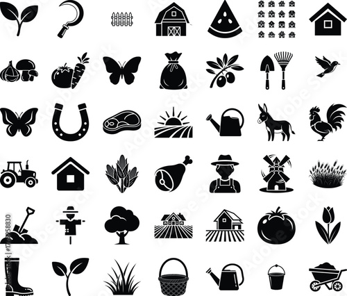 Rustic collection of farming, gardening, and agriculture related icons in a classic silhouette style