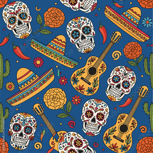 Vibrant Dia de los Muertos Seamless Pattern. Mexican Sugar Skulls, Sombreros, Guitars, Marigolds, and Chilies on Blue Background.