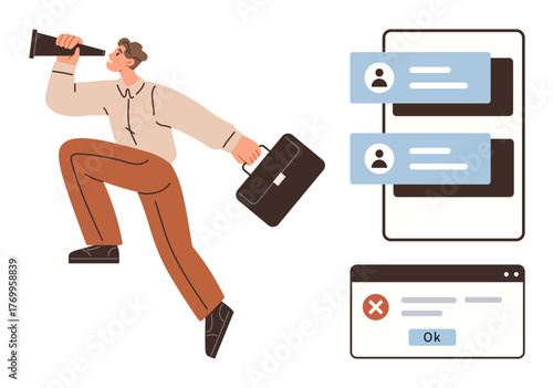 Man holding a briefcase and telescope, searching for opportunities. Features a chat window and error dialog box. Ideal for job search, online communication, career growth, decision-making