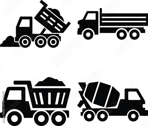 Set of industrial transportation icons featuring heavy duty dump trucks and a concrete mixer vehicle
