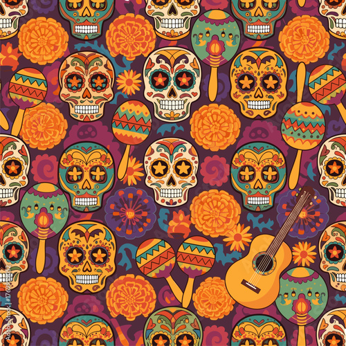 Vibrant Day of the Dead Seamless Pattern. Sugar Skulls, Marigolds, Maracas & Guitar. Traditional Mexican Holiday Cultural Background Design.