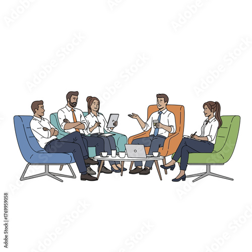 Team members in a meeting discussing business strategies and ideas.