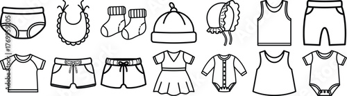 Set of simple outline baby clothing and accessory icons, perfect for newborn announcements or nursery decor