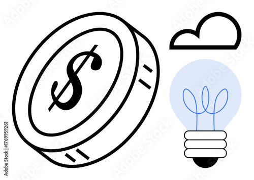 Dollar coin, lit bulb, and cloud element symbolizing creativity, finance, and cloud computing. Ideal for finance, innovation, technology, investment entrepreneurship collaboration digital economy