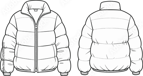 Blank puffer jacket front and back vector template, winter outerwear mockup, isolated warm padded coat fashion design outline for clothing presentation illustration