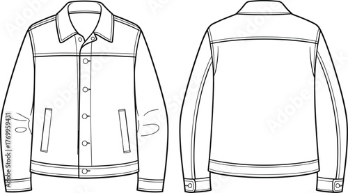 Denim jacket front and back flat sketch, fashion technical drawing, vector clothing template, unisex casual outerwear design, stylish apparel mockup illustration, jacket blueprint