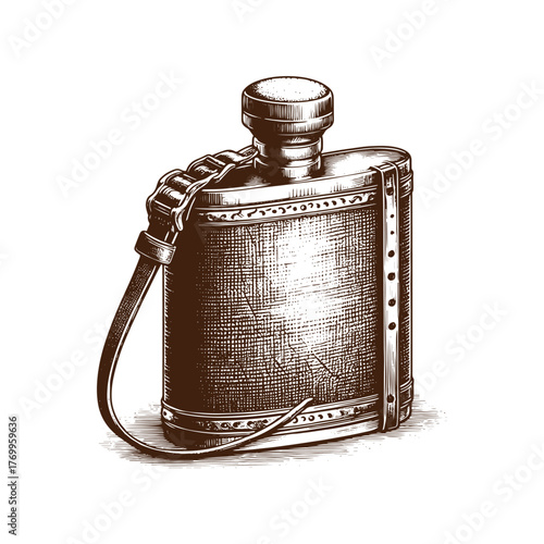 Vintage Military Style Canteen: Classic Engraved Illustration
