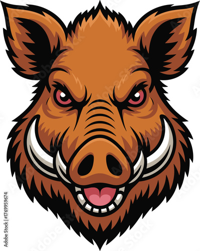 Aggressive wild boar head, cartoon mascot design, red eyes, sharp tusks, fierce animal logo, symmetrical vector art, sports brandingAggressive wild boar head, 