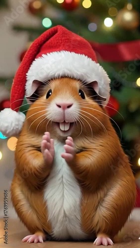 A cheerful guinea pig, wearing a Santa hat, is sitting upright and happily clapping or rubbing its front paws together in front of a blurred, festive Christmas tree background.