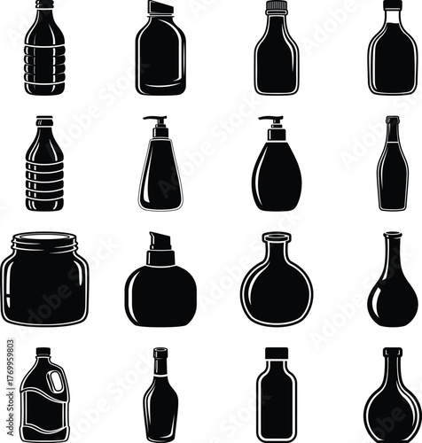 Various liquid containers for packaging design including cosmetic products, beverages, and household items