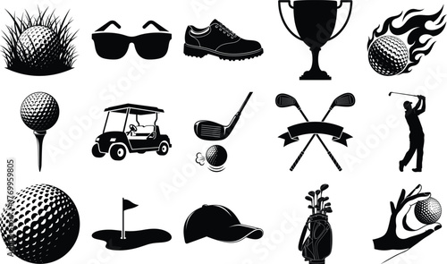 Various golf equipment items and player actions including a ball on grass, sunglasses, shoes, and clubs