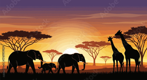 Silhouettes of elephants and giraffes walk across an African savanna at a vibrant sunset.