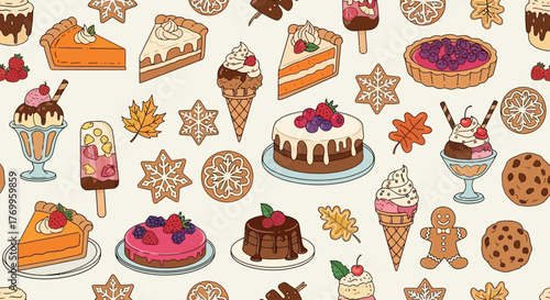 Seamless pattern featuring various desserts like pie slices, ice cream cones, cakes, cookies, and popsicles, along with autumn leaves on a cream background.