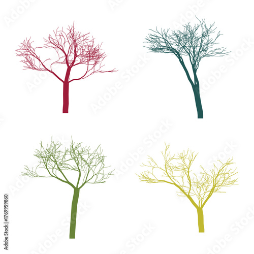 Four bare tree silhouettes in different colors isolated on white background