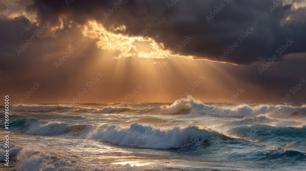 Naklejka premium Sun break Over the Turbulent Sea