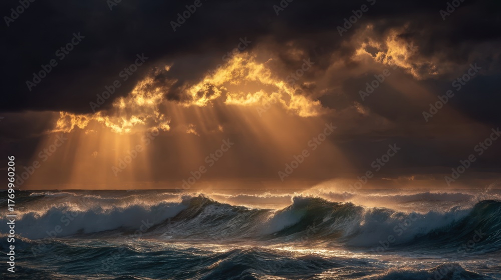 Fototapeta premium Golden Sunbeams Over Stormy Waves