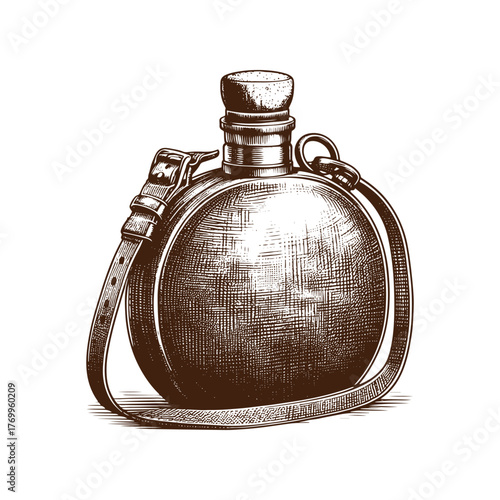 Vintage Military Style Canteen: Classic Engraved Illustration