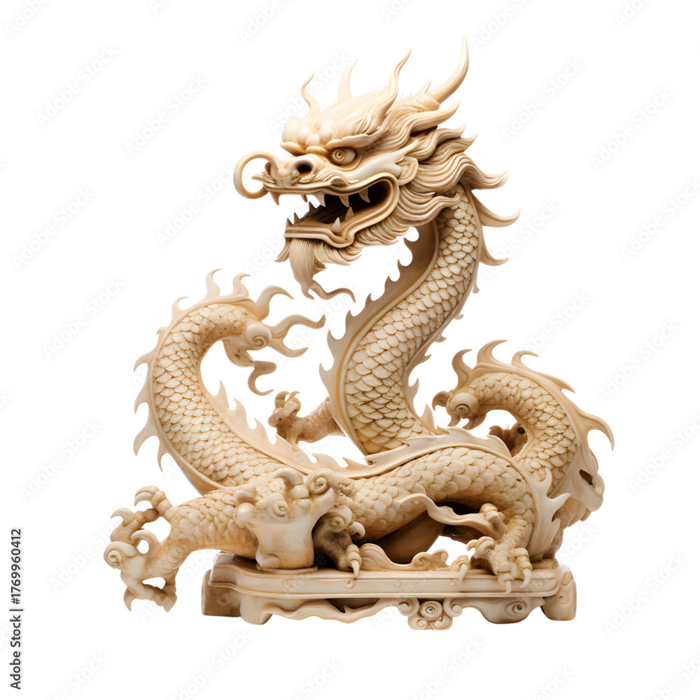 Fototapeta premium Ivory colored dragon statue on a black background close up