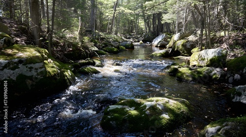 confluence. Two forest streams merging into a single river, blending water currents, mossy rocks, dappled sunlight through trees. ESG reports.