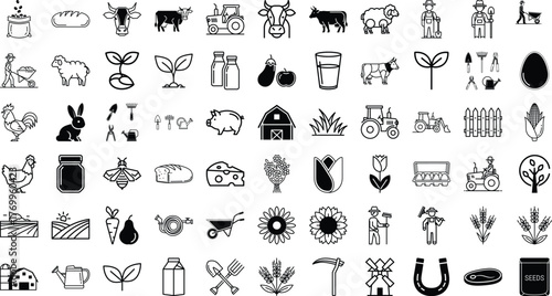 An extensive collection of farm animals, crops, and agricultural tool icons for rural themes