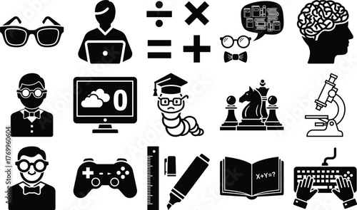Assortment of black silhouette icons representing education science and intellectual pursuits in a cohesive graphic style