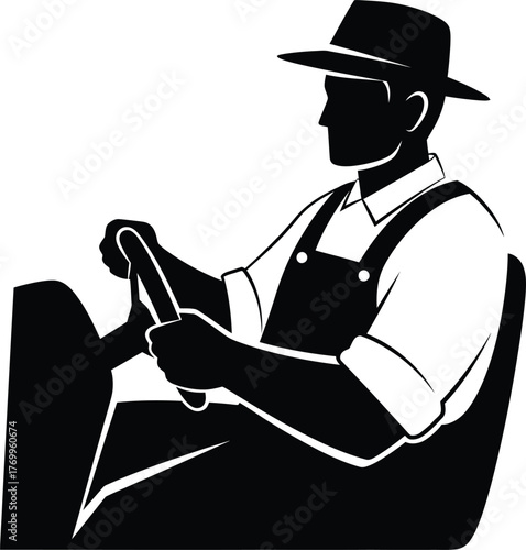 Black silhouette illustration of a farmer wearing overalls and a hat, driving a farming vehicle